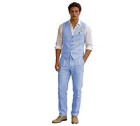 Set da uomo in lino con gilet e pantaloni, 2 pezzi, stile casual, estivo, sottile, per lo sposo