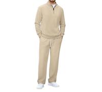 Set da uomo in velluto a coste con mezza zip e pantaloni della tuta, 2 pezzi, tuta casual con collo alto e pantaloni a gamba larga, tuta sportiva da uomo per golf, Beige, XL