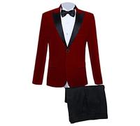 Set da uomo slim fit, 2 pezzi, con bavero a punta, un bottone, smoking, in velluto, per feste, cena, giacca e pantaloni e set con cravatte, colore rosso, taglia L