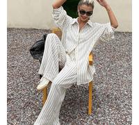 Set da vacanza da 2 pezzi per donna, camicia a righe con colletto e maniche lunghe e pantaloni a gamba dritta e ampia, per donne alte Tall S,Tall M,Tall LA strisceTessuto intrecciato