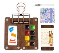 Set da viaggio ad acquerello, set di mini tavolozza in legno, 8 griglie, mini da viaggio, acquerello, gouache, pittura acrilica, con carta ad acquerello, diario, pennello ad acquerello, clip e penne