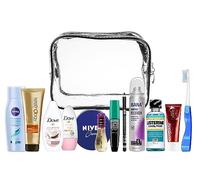 Set da viaggio adatto per bagaglio a mano, vacanze, comprendente tutti i prodotti di marca per la cura della persona necessari, in un beauty case in PVC