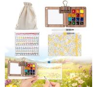 Set da viaggio per acquerelli, 7 pezzi, mini kit portatile per pittura con tavolozza pieghevole in legno, album da disegno e pennelli per schizzi all'aperto e urbani, regalo artistico (15 griglie