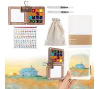 Set da viaggio per acquerelli, 7 pezzi, mini kit portatile per pittura con tavolozza pieghevole in legno, album da disegno e pennelli per schizzi all'aperto e urbani, regalo artistico (15 griglie
