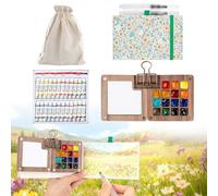 Set da viaggio per acquerelli, 7 pezzi, mini kit portatile per pittura con tavolozza pieghevole in legno, album da disegno e pennelli per schizzi all'aperto e urbani, regalo artistico (15 griglie