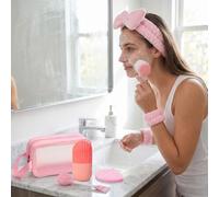 Set da viaggio per la cura della pelle, 8 pezzi, borsa da toilette rosa con cinturini per il viso, organizer impermeabile per cosmetici per le vacanze