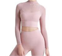 Set da yoga da donna a maniche lunghe, con maniche lunghe, con cuscinetti per il petto e la tunica traspirante, Rosa, XL