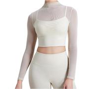 Set da yoga da donna a maniche lunghe, con maniche lunghe, con cuscinetti per il petto e la tunica traspirante, beige, XL