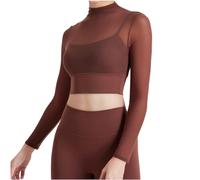 Set da yoga da donna a maniche lunghe, con maniche lunghe, con cuscinetti per il petto e la tunica traspirante, marrone, XL