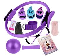 Set da Yoga e Pilates 8 Pezzi, Fascia di Resistenza, Anello Pilates, Palla Fitness 25cm, Banda Elastica in Latex, Cinturino Yoga 184cm, Calzini Antiscivolo, Verde e Rosa (Viola)