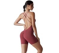 Set da Yoga Sexy Senza Schienale Tuta Sportiva Attillata Solleva Culo Tutina da Donna Pagliaccetto da Palestra Fitness Tuta Corta Set da Un Pezzo(Dark Red,S)