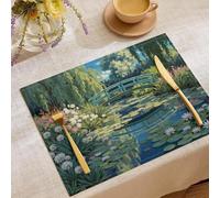 Set de Table Ensemble de 2 Pièces 45x30 cm Dessous de Plat Antidérapant Lavable Vert Rectangulaire Coton et Lin - Style de peinture naturelle Pont en arc, étang, fleurs de lotus