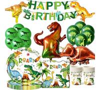 Set decorativo per compleanno, 80 pezzi, stoviglie per feste a tema dinosauro, con palloncini in alluminio, set di accessori per feste, piatti di carta, bicchieri, palloncini