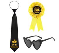 Set decorativo per il 50° compleanno da uomo, 3 pezzi, nero e oro, con spilla per cravatta e occhiali con scritta "50" e favoloso per 50 anni, accessori decorativi per feste di compleanno