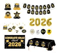 Set decorativo per laurea, colore nero e oro, kit completo per feste con striscione, palloncini, decorazione da tavolo per laurea, addio al celibato, colore nero