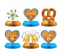 Set decorativo per Oktoberfest, 6 pezzi, decorazione bavarese con cuori di | 6 centrotavola, ciascuno di circa 16,8 × 18 cm, con 3 cuori di pan di zenzero, brezel, stella alpetta