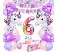 Set Decorazioni Compleanno 6 Anni Bambina - Palloncini Unicorno, Cake Topper, Striscione Buon Compleanno, Tovaglia per Festa Ragazza
