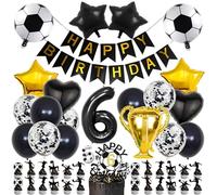 Set Decorazioni Compleanno 6 anns - Palloncino Alluminio Numero 6 Neri, Palloncino Calcio, Palloncini Coriandoli Neri, Candela Compleanno 6, con Cake Topper Calcio, per Bambini 6 Anniversario Party