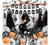 Set Decorazioni Halloween - Deco Festa Horror Spaventose con Ragnatele Giganti & Palloncini in Lattice 12 pollici, Palloncino in Foil a Zucca, Adesivi Pipistrello per Deco Halloween Interni ed Esterni