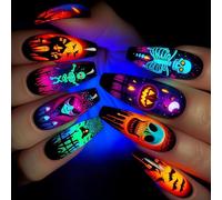 Set design per Halloween Press-on da 24 con scheletri inquietanti, zucche divertenti e disegni pipistrelli fantasma Unghie finte con ragnatela Stampa finta con scheletro Halloween