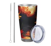 Set di 1 bicchiere a forma di fiore con coperchio, estetico, natura, bellissimo albero floreale, botanica, luna, fiume, arancione, nero, metallo inossidabile, isolamento caldo e freddo, ufficio