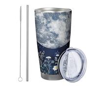 Set di 1 bicchiere a forma di fiore con coperchio, foglie botaniche al chiaro di luna, bellissimo motivo floreale blu cielo e bianco, in acciaio inox, riutilizzabile, senza fuoriuscita, infrangibile