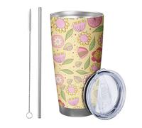 Set di 1 bicchiere a forma di fiore con coperchio, motivo cartone animato, foglie di piante carine, giallo e rosa, riutilizzabile, infrangibile, anti-fuoriuscita, con cannuccia, bevande fredde