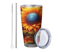 Set di 1 bicchiere a forma di fiore con coperchio, motivo girasole astratto, per battaglia, Boemia, nuvola, giallo e blu, in metallo, isolato caldo e freddo, per ufficio, esterno, club