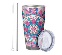 Set di 1 bicchiere a forma di fiore con coperchio, motivo mandala, bellissimo motivo floreale, stile bohémien, colore rosa e blu, verniciato a polvere calda e fredda, senza fuoriuscite, per ufficio e