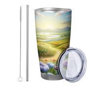 Set di 1 bicchiere a forma di fiore con coperchio, paesaggio naturale, bella strada albero montagna nuvola astratta pianta verde blu metallo caldo e freddo senza fuoriuscite ufficio esterno club