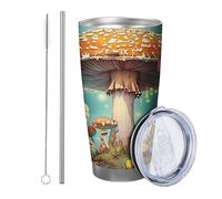 Set di 1 bicchiere a forma di fungo con coperchio, motivo botanico, foglie di nuvola, fiore estetico, blu e giallo, verniciato a polvere, refrigeratore per lattine, senza