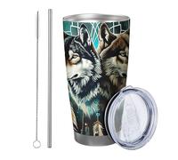 Set di 1 bicchiere a forma di lupo con coperchio, motivo animale, con piuma e luna, estetica, strega artistica, bel tè nero, isolante, senza fuoriuscita, per ufficio e esterno