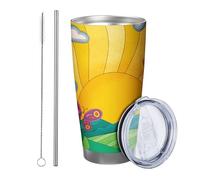 Set di 1 bicchiere arcobaleno con coperchio, motivo: nuvola, farfalla, fiore, sole, pianta, giallo e verde, isolante, in metallo, senza piedini, doppia parete, 590 ml