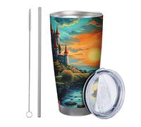 Set di 1 bicchiere con coperchio a forma di rosa, castello, tramonto, fiore, albero, nuvola, stelle, azzurro, rosso, arancione, in acciaio inox, infrangibile, confezione da 1