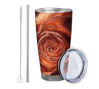 Set di 1 bicchiere con coperchio a forma di rosa con coperchio, bella pianta floreale artistica estetica, design moderno, rosa e arancione, isolato, in metallo, senza piedini, doppia parete, 590