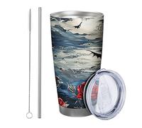 Set di 1 bicchiere con coperchio, motivo: rosa, botanico, luna, nuvola, foglie floreali, cielo notturno, uccello, blu e rosso, isolato, in metallo, senza versamento, senza piedini, doppio