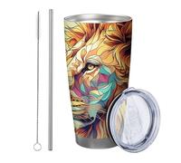 Set di 1 bicchiere con motivo leone, bohemien, artistico, botanico, uccello, foglie, fiore, giallo, blu, verniciato a polvere, caldo e freddo, senza fuoriuscita, con coperchio, 590 ml