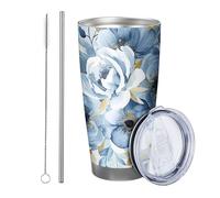 Set di 1 bicchiere da caffè con fiori blu con coperchio, bellissimo acquerello astratto botanico con foglie blu gialle, in metallo inox caldo e freddo, senza fuoriuscite, per ufficio, esterno, club