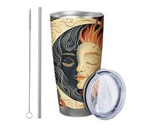Set di 1 bicchiere da fiori con coperchio, motivo floreale, motivo luna, foglie di girasole, design artistico, giallo chiaro, verde, isolante, senza fuoriuscita, per giardino, pic-nic, sala
