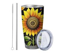 Set di 1 bicchiere da fiori con coperchio, motivo: pianeta, terra, luna, stella, girasole, foglie carine, giallo e verde, isolante, riutilizzabile, senza fuoriuscite, per picnic, sala da pranzo, 1