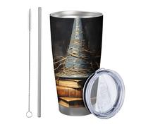 Set di 1 bicchiere da strega con cappello magico, erba secca, libro magico, retrò, artistico, blu neutro, marrone, metallo, riutilizzabile, senza fuoriuscite, infrangibile, cortile, picnic, palestra