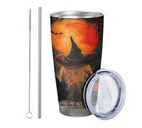 Set di 1 bicchiere da strega con coperchio, motivo: Acquerello magico, cappello da strega, albero per gatti, pipistrello, botanico, rosso sole arancio nero, in metallo termico caldo e freddo