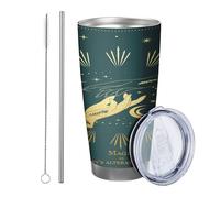 Set di 1 bicchiere da strega con foglie a mano, luna, bohémien, astratto, costellazione artistica, verde acqua, giallo, metallo, riutilizzabile, senza fuoriuscite, infrangibile, cortile, picnic