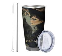 Set di 1 bicchiere da strega elegante da donna con motivo gatto vintage cappello artistico nero blu verniciato a polvere calda e fredda senza fuoriuscite scuola presepe all'aperto con coperchio 590