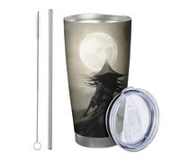 Set di 1 bicchiere per pittura a olio con coperchio, motivo: ragazza al chiaro di luna, scopa magica vintage spaventosa, artistica, marrone grigio, isolante, in metallo, senza piedini, senza
