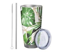 Set di 1 bicchiere tropicale con coperchio, motivo foglie di acquerello, motivo artistico, linee verdi e bianche, in metallo inox, caldo e freddo, senza fuoriuscite, per ufficio e esterno