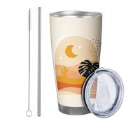 Set di 1 bicchiere tropicale con coperchio, motivo foglie di luna, cactus, vaso di montagna, pianta e stella, paesaggio bohémien astratto, beige, giallo, marrone, in metallo isotermico, senza piedini