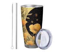 Set di 1 bicchieri a forma di fiore con coperchio, cielo notturno, luna, pianta floreale, bella stella, foglie retrò, giallo, nero, verniciato a polvere, caldo e freddo, senza fuoriuscite