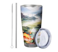 Set di 1 bicchieri a forma di fiore con coperchio, paesaggio naturale, montagna, lago, padiglione antico cinese, motivo floreale, alba, verde e giallo, infrangibile, per viaggi, piscina