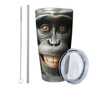 Set di 1 bicchieri a forma di scimmia con coperchio, divertenti animali selvatici, foresta, comico, albero naturale, scimmia, colore nero e verde, in metallo termoisolante, caldo e freddo